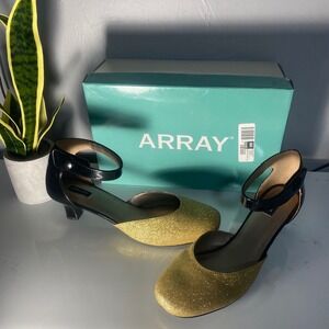 Array Charlie Gold Glitter Black Patent Ankle Strap Kitten Heels‎ 11M